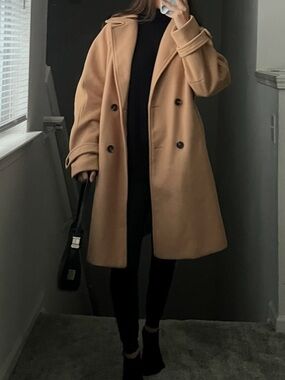 SHEIN Camel Double-Breasted Pea Coat in Beige